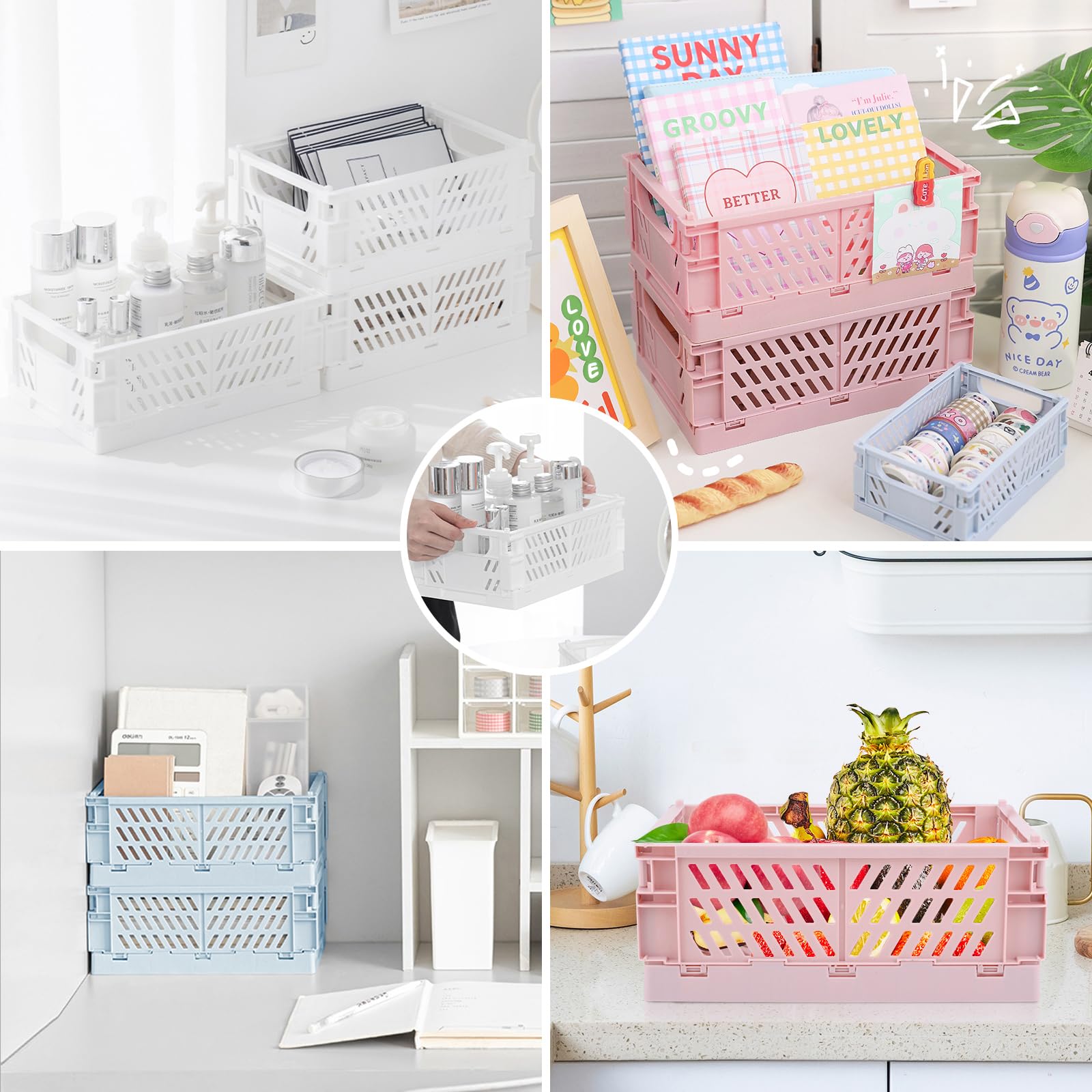 Weraher Plastic Storage Baskets for Desk Organizing, Office Drawer Organizer, 2 Medium+2 Small Durable Folding Storage Crate for Home Kitchen Classroom Office Bedroom and Bathroom Storage (White)