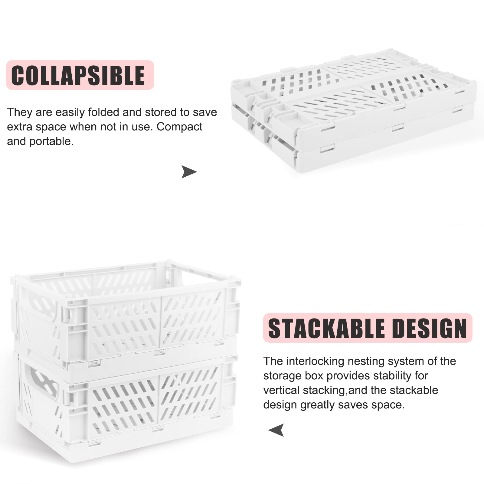 Weraher Plastic Storage Baskets for Desk Organizing, Office Drawer Organizer, 2 Medium+2 Small Durable Folding Storage Crate for Home Kitchen Classroom Office Bedroom and Bathroom Storage (White)