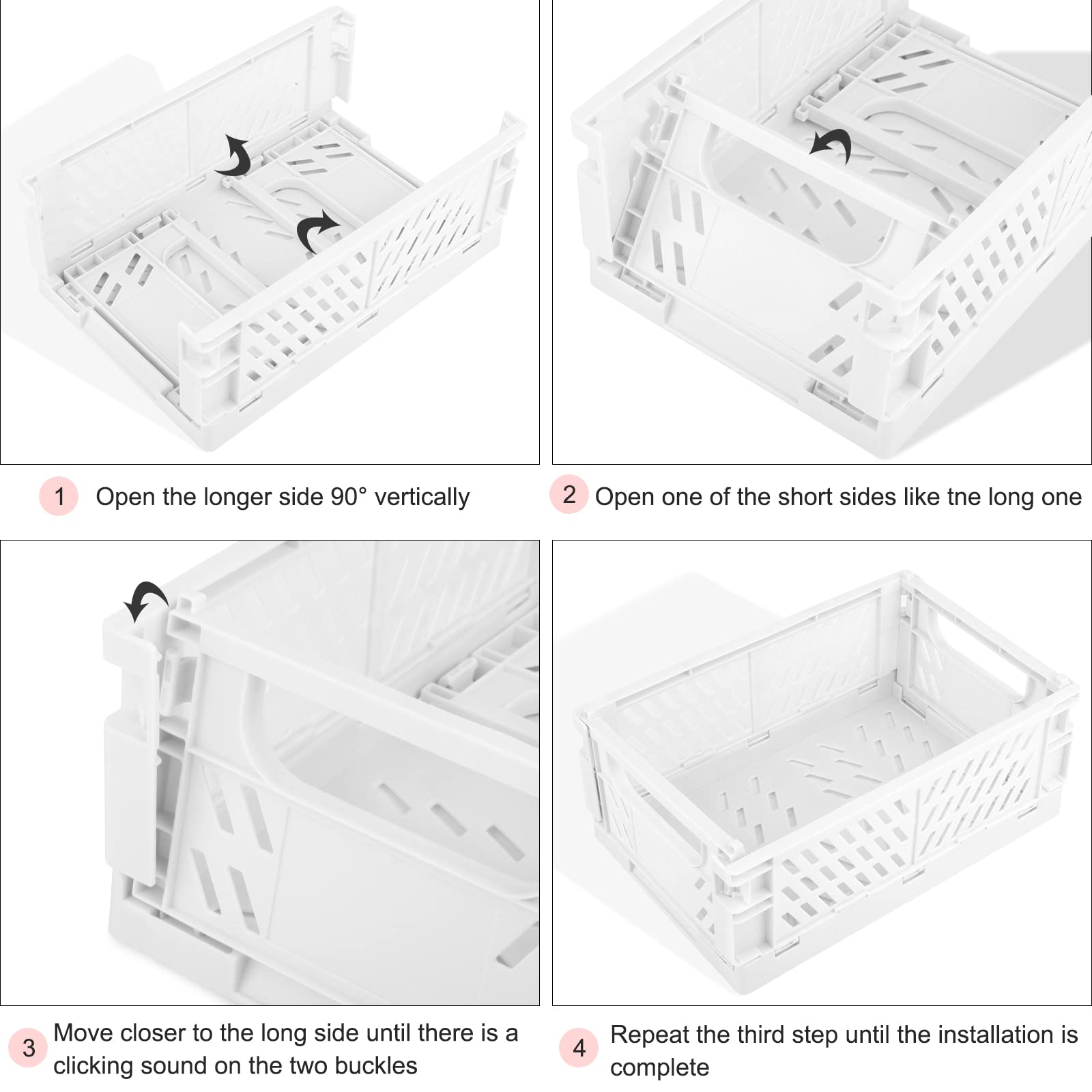 Weraher Plastic Storage Baskets for Desk Organizing, Office Drawer Organizer, 2 Medium+2 Small Durable Folding Storage Crate for Home Kitchen Classroom Office Bedroom and Bathroom Storage (White)