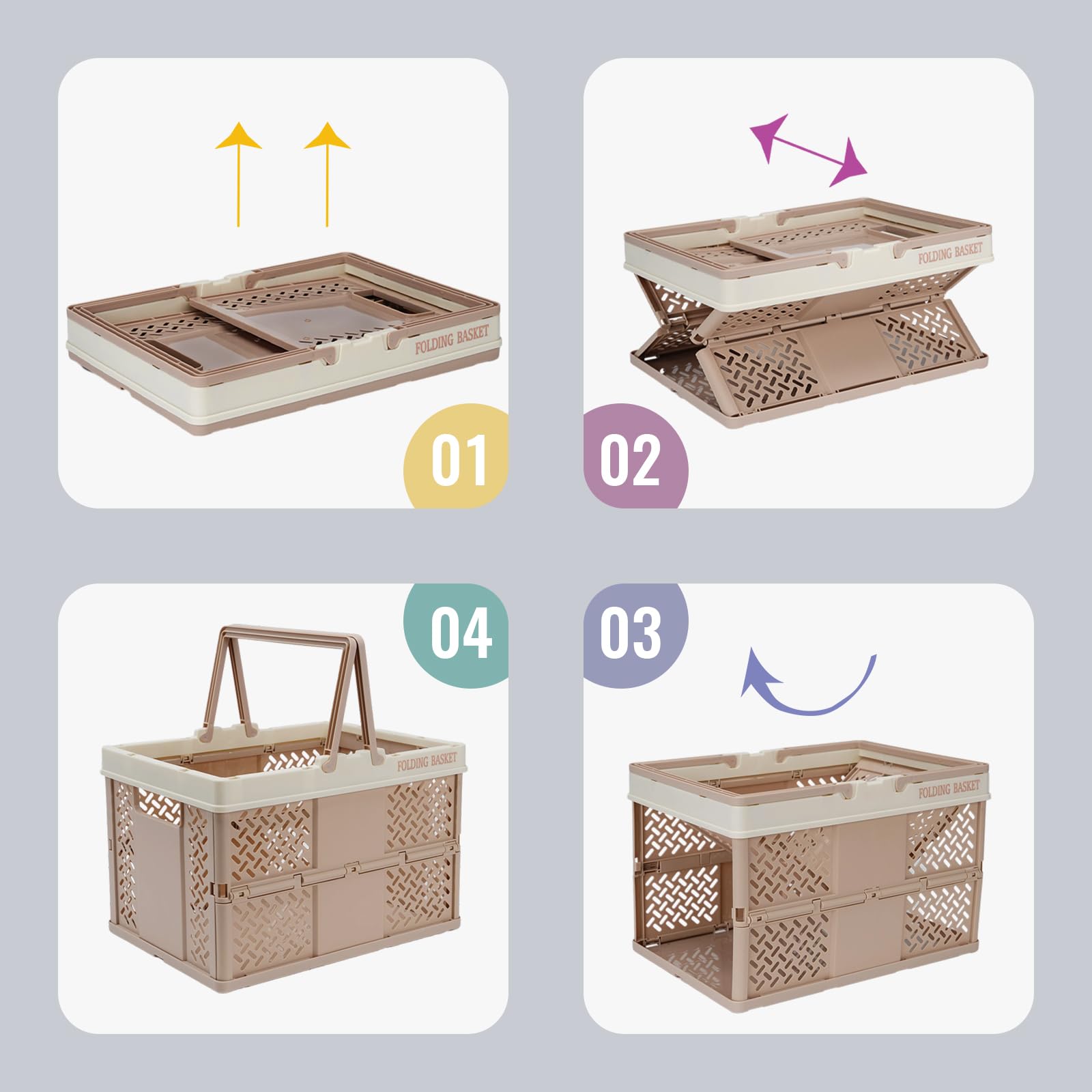 TRZZ 2-Pack Plastic Storage Baskets with Handle, Collapsible Hanging Basket for Organizing, Pastel Storage Crates for Car, Kitchen, Office, Bathroom, and Picnic Organizing, White+Gray. (12.2"x9"x8.2")