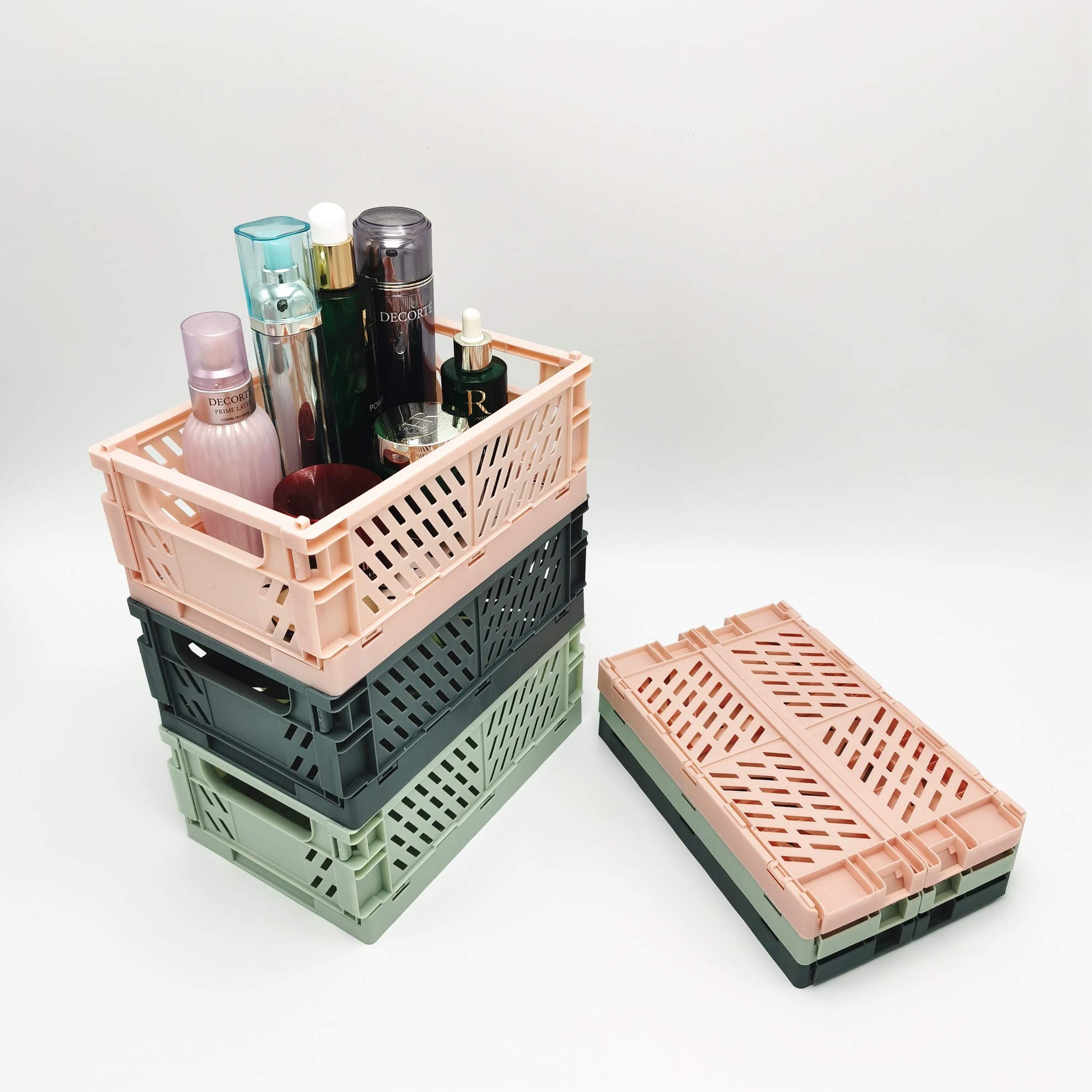 BAREGO Plastic Crates, Collapsible Folding Storage Basket/Container, Stackable Box for Office Kitchen Bathroom Grocery Car Trunk (M: 9.966.54.06in(3pcs, Macaron Mix 3 Color) M: 9.96*6.5*4.06in(3pcs）