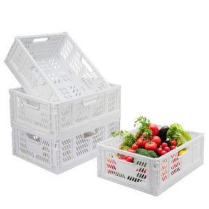 4-Pack Folding Storage Boxes Crate Collapsible Plastic Drawer Organizer , Stackable Shelf Storage Basket Food Fruit Vegetables Bottles Toy Organiser Baskets for Home Office Bedroom Kitchen -White