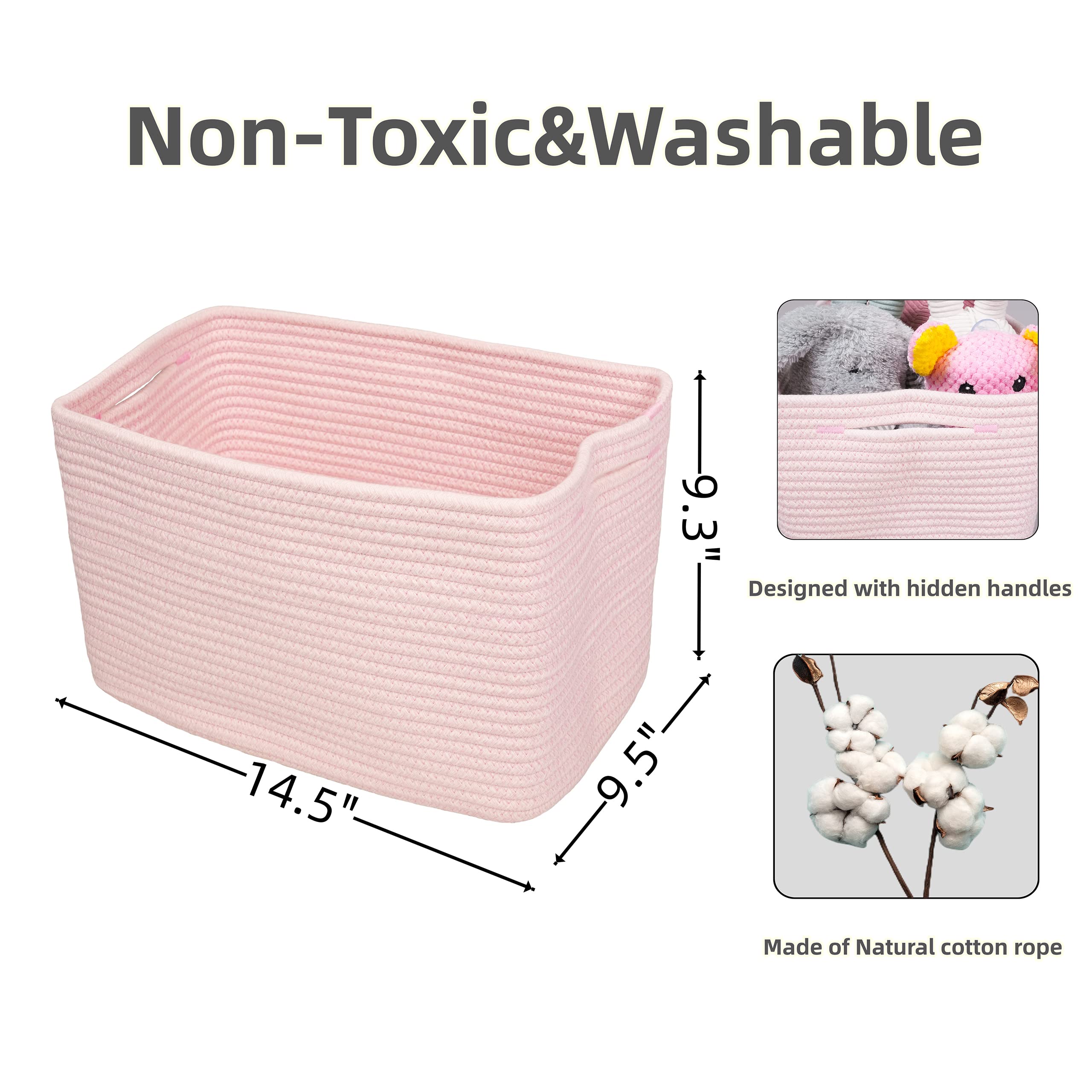 XUANGUO Cotton Rope storage Basket Bins Woven Basket for Organizing Shelves Rectangle Decorative Baskets For storage Clothes Toys Books Towels Square Wicker Nursery basket organizer 3 pack light pink