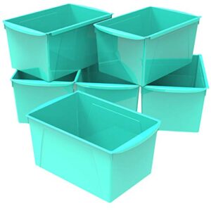 storex extra-large book bin, interlocking plastic organizer for home, office and classroom, teal, 6-pack (71134u06c)