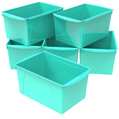 Storex Extra-Large Book Bin, Interlocking Plastic Organizer for Home, Office and Classroom, Teal, 6-Pack (71134U06C)