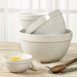 TTU Tabletops Gallery Hobnail Style 4 Piece Classic White Stoneware Nesting Mixing Bowl Set for Baking and Cooking