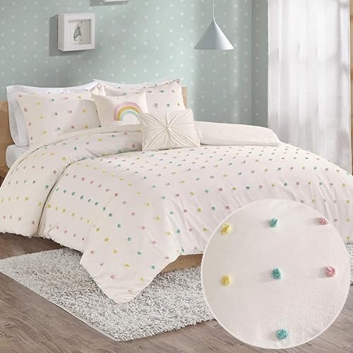 Urban Habitat Kids Callie Cotton Jacquard Weave Colorful Pom Pom Kids Comforter sets, Down Alternative Shabby Chic All Season Girls Bedding, Bedroom Decor, Full/Queen, Multi 5 Piece