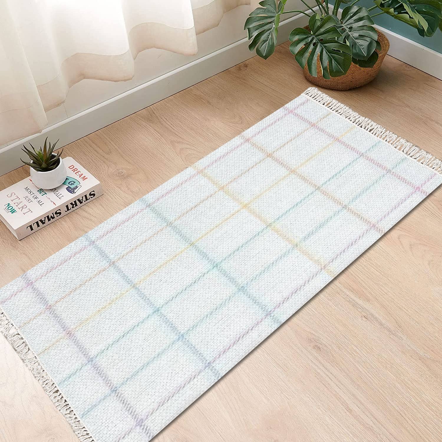 Boho Area Rug Seamless Check Windowpane Pastel Spring Summer Thin line Tartan Plaid Play Mat Runner Carpet Minimalist Room Decor Indoor Outdoor Woven Rug Entryway Laundry Room Bedroom Rug 3x5'