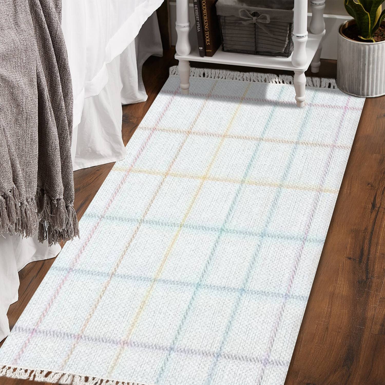 Boho Area Rug Seamless Check Windowpane Pastel Spring Summer Thin line Tartan Plaid Play Mat Runner Carpet Minimalist Room Decor Indoor Outdoor Woven Rug Entryway Laundry Room Bedroom Rug 3x5'