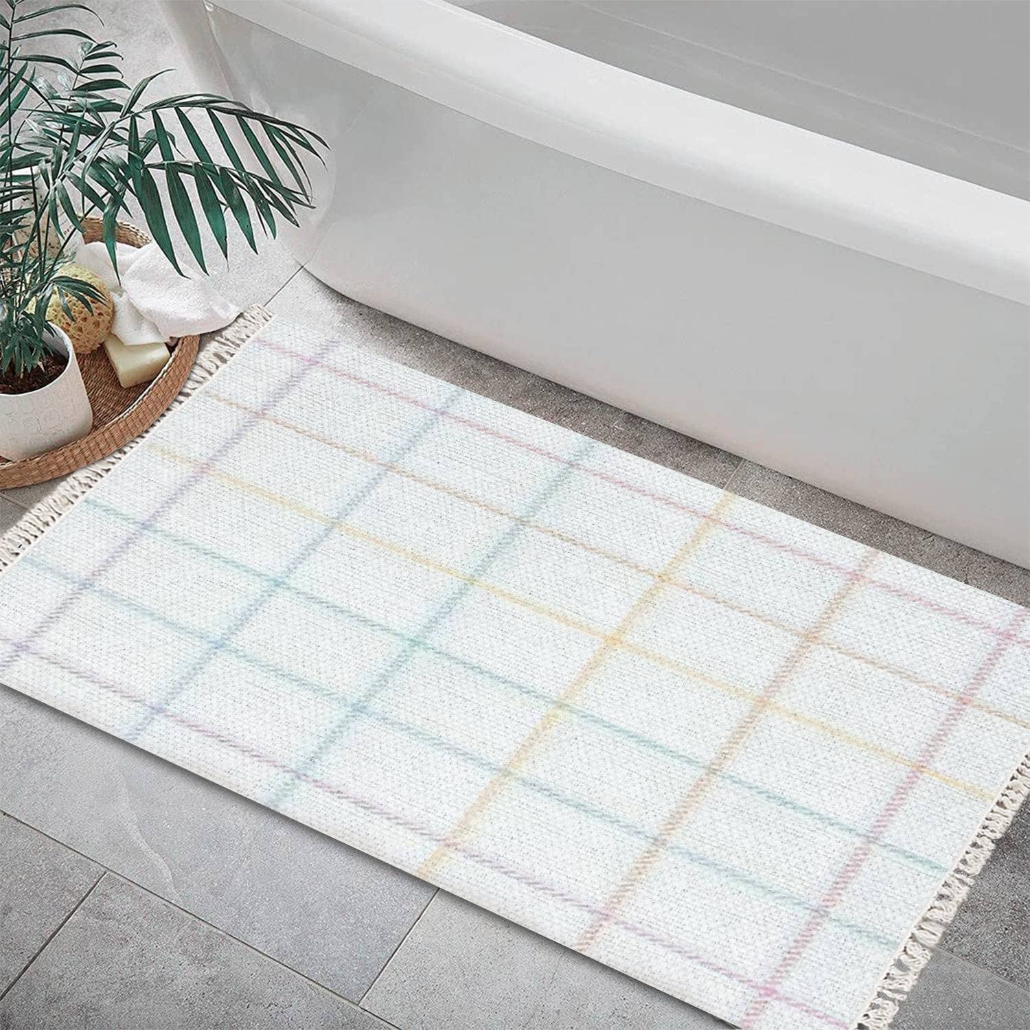 Boho Area Rug Seamless Check Windowpane Pastel Spring Summer Thin line Tartan Plaid Play Mat Runner Carpet Minimalist Room Decor Indoor Outdoor Woven Rug Entryway Laundry Room Bedroom Rug 3x5'