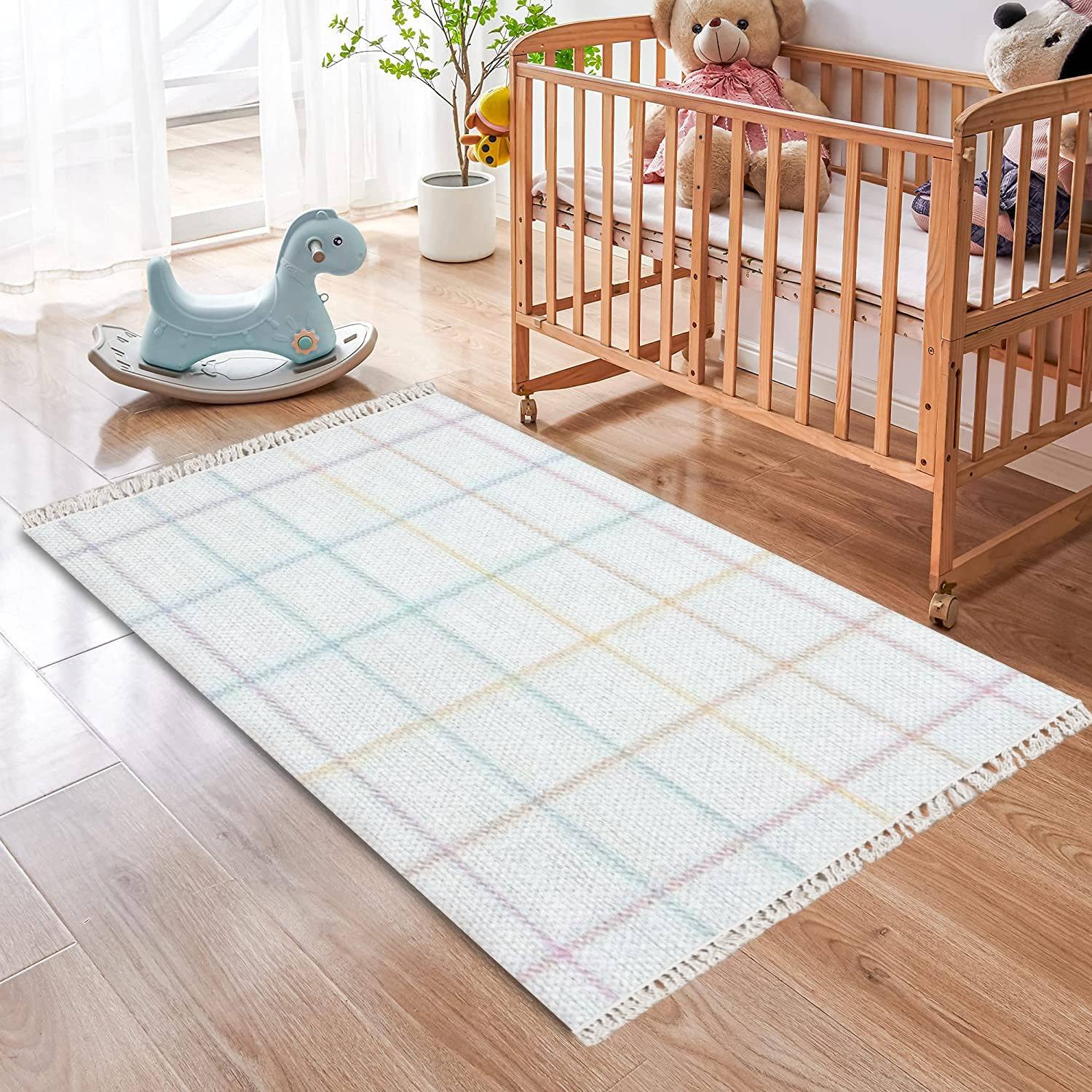 Boho Area Rug Seamless Check Windowpane Pastel Spring Summer Thin line Tartan Plaid Play Mat Runner Carpet Minimalist Room Decor Indoor Outdoor Woven Rug Entryway Laundry Room Bedroom Rug 3x5'