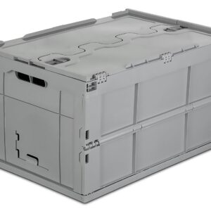 Mount-It! Collapsible Plastic Storage Crate, Folding and Stackable Utility Distribution Container with Attached Lid, 65L Liter Capacity, Pack of 1