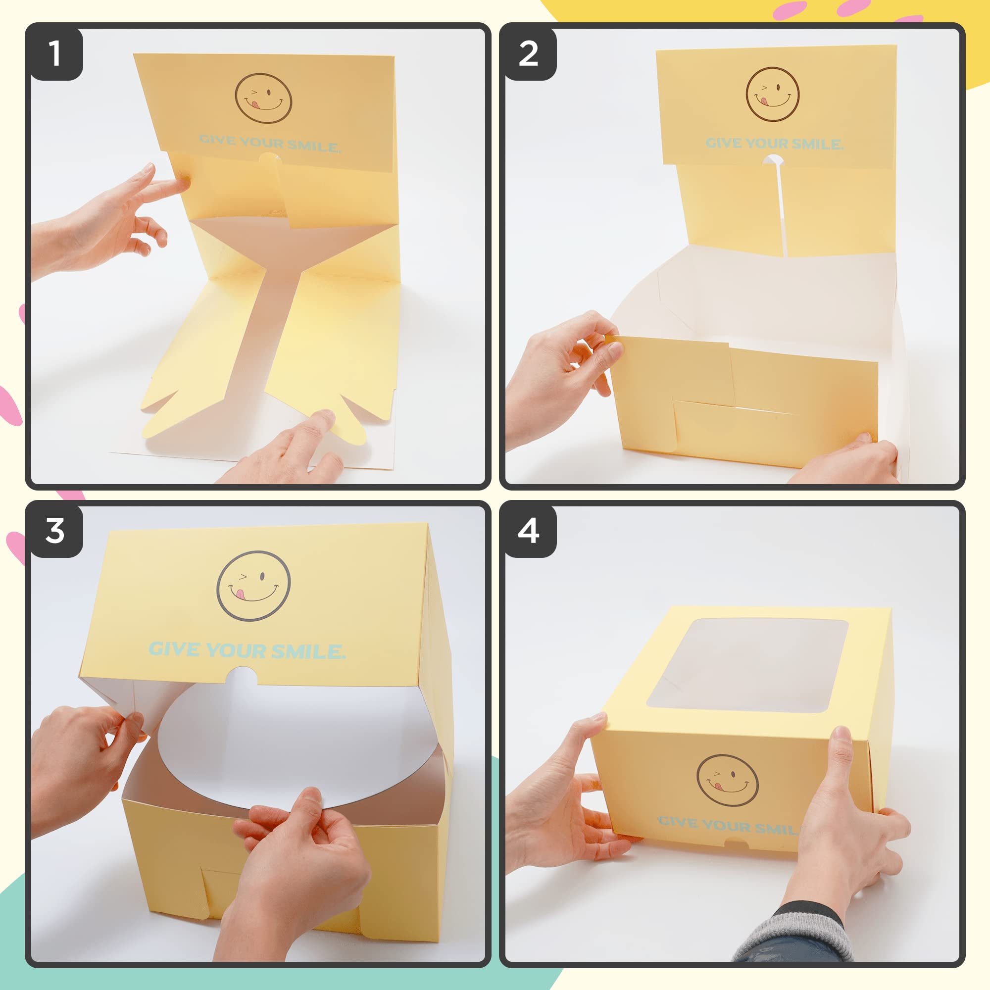 Loopic 12PCS 10x10x5inch Cake Boxes with Window, 12PCS Cake Board, Free Smiley Stickers for Pastry Boxes, Baking Boxes, Takeout Container for Cake, Donuts, Cookies, Chocolate Strawberries (Yellow)