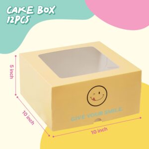 Loopic 12PCS 10x10x5inch Cake Boxes with Window, 12PCS Cake Board, Free Smiley Stickers for Pastry Boxes, Baking Boxes, Takeout Container for Cake, Donuts, Cookies, Chocolate Strawberries (Yellow)