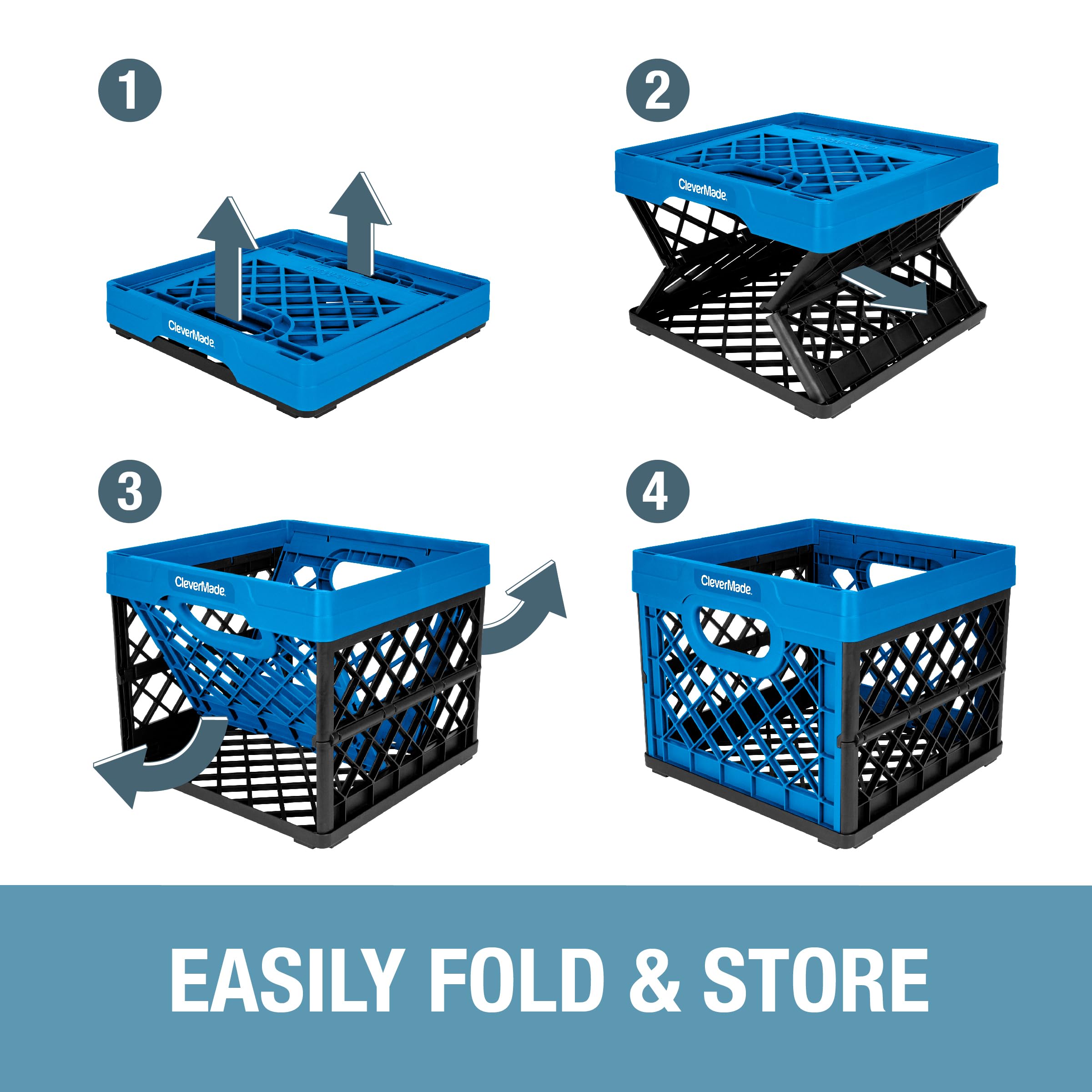 CleverMade Collapsible Milk Crate, Neptune Blue, 3PK - 25L (6 Gal) Stackable Storage Bins, Holds 50lbs Per Bin - Clevercrates are Heavy Duty, Plastic Collapsible Storage Crate for Multi Purposes