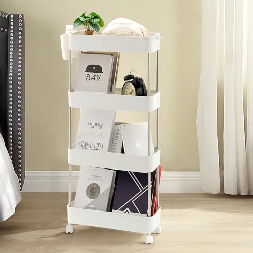 VECELO Storage Rolling Cart, 4 Tier Utility Cart Kitchen Slim Mobile Storage Unit Organizers with Wheels Hooks&Hanging Cups for Bedroom Bathroom Office Table Side in Narrow Places, White