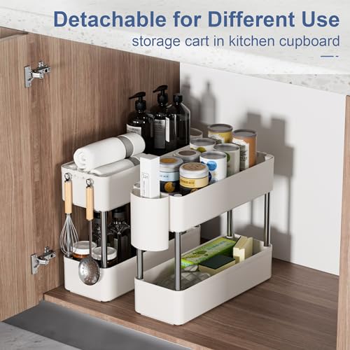 VECELO Storage Rolling Cart, 4 Tier Utility Cart Kitchen Slim Mobile Storage Unit Organizers with Wheels Hooks&Hanging Cups for Bedroom Bathroom Office Table Side in Narrow Places, White