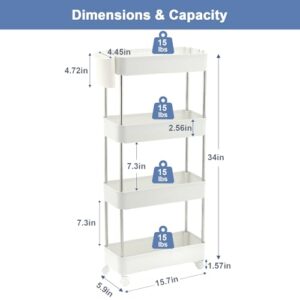 VECELO Storage Rolling Cart, 4 Tier Utility Cart Kitchen Slim Mobile Storage Unit Organizers with Wheels Hooks&Hanging Cups for Bedroom Bathroom Office Table Side in Narrow Places, White