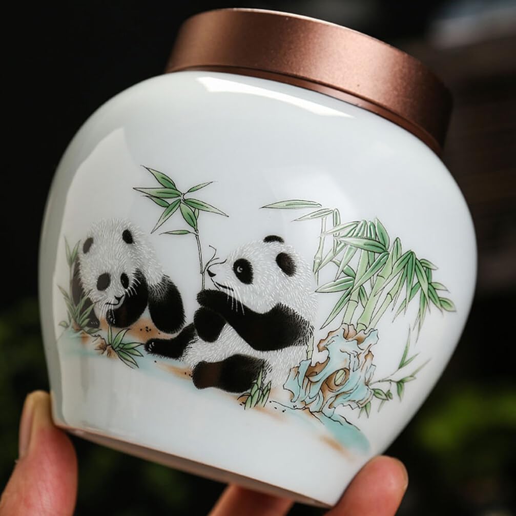 GANAZONO Ceramic Food Storage Jar Chinese Panda Cookie Jar Round Kitchen Canister Tea with Airtight Lid for Loose Tea Coffee Bean Flour Spices Biscuits Snacks Sugar Nuts 220ml