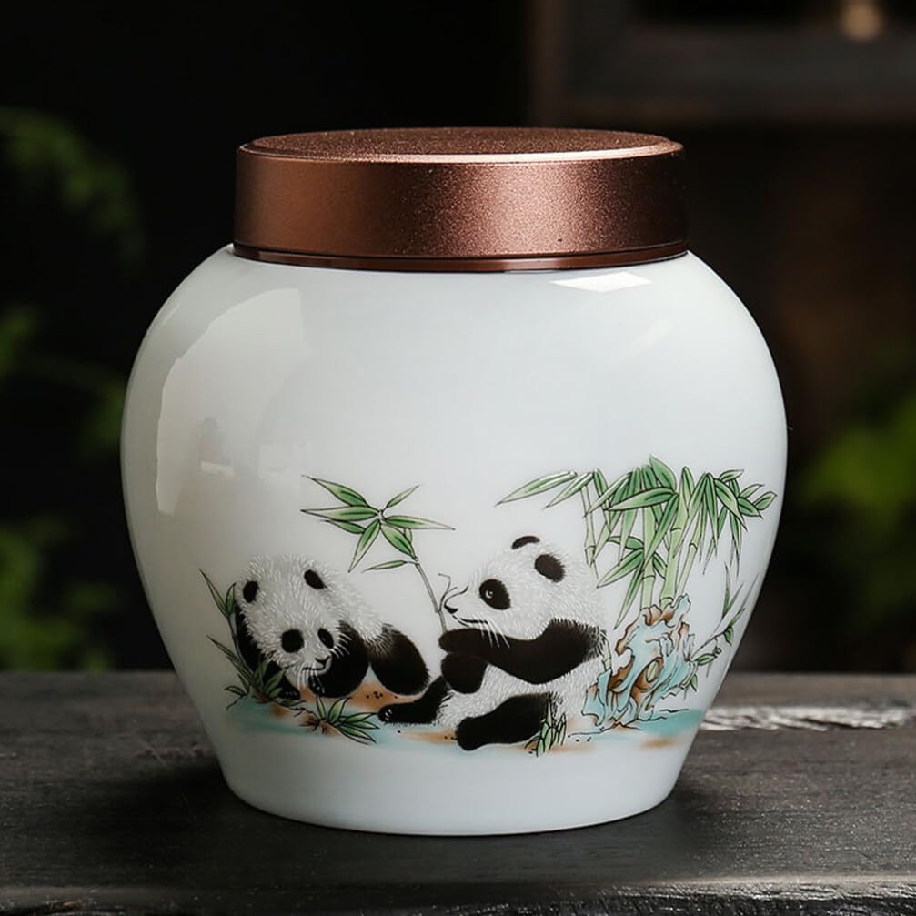 GANAZONO Ceramic Food Storage Jar Chinese Panda Cookie Jar Round Kitchen Canister Tea with Airtight Lid for Loose Tea Coffee Bean Flour Spices Biscuits Snacks Sugar Nuts 220ml