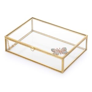 Hipiwe Vintage Glass Photo Box Rectangle Butterfly Jewelry Display Box Card Storage Organizer Vanity Lidded Trinket Box Home Decor Accent Decorative Keepsake Box (5 * 7 inch)