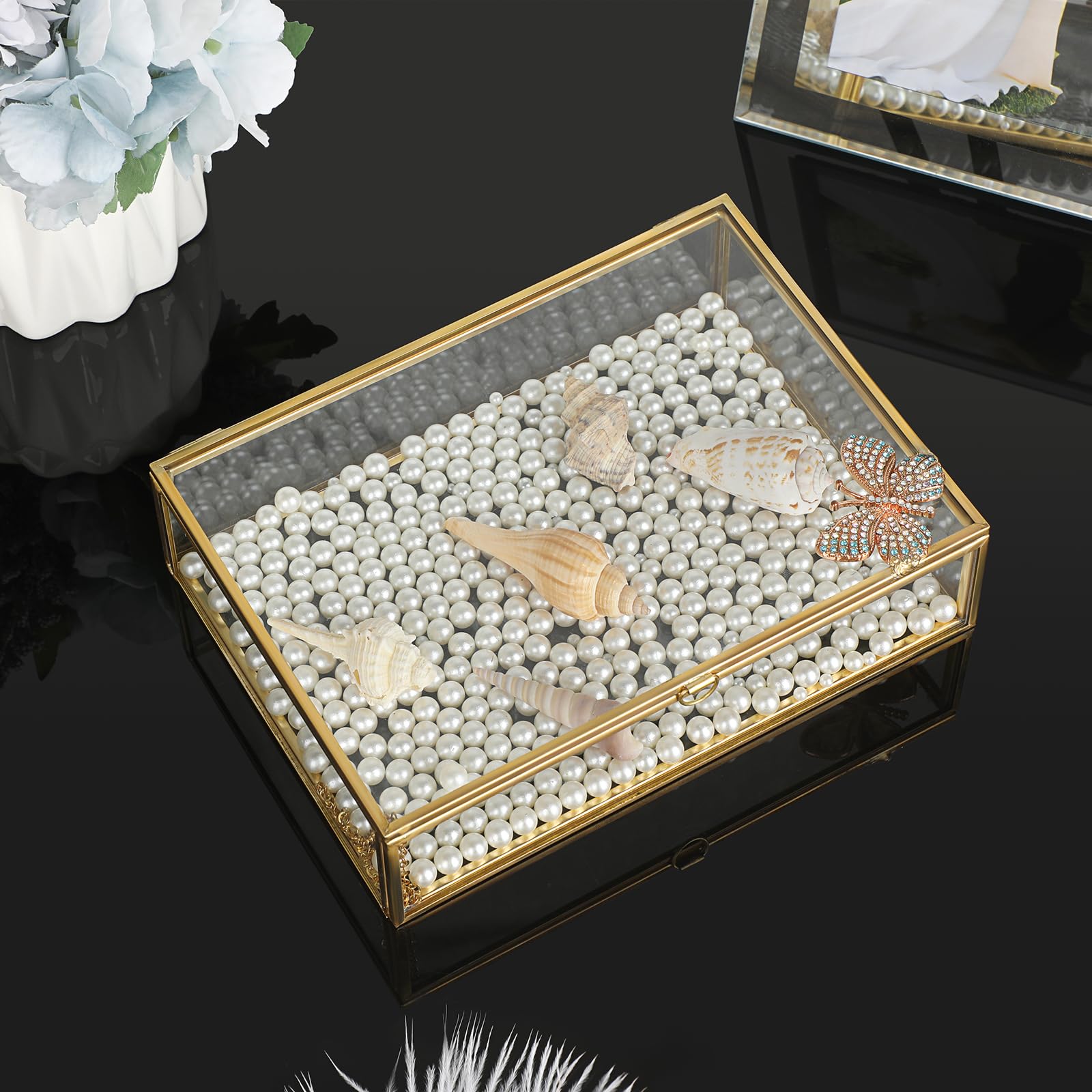 Hipiwe Vintage Glass Photo Box Rectangle Butterfly Jewelry Display Box Card Storage Organizer Vanity Lidded Trinket Box Home Decor Accent Decorative Keepsake Box (5 * 7 inch)