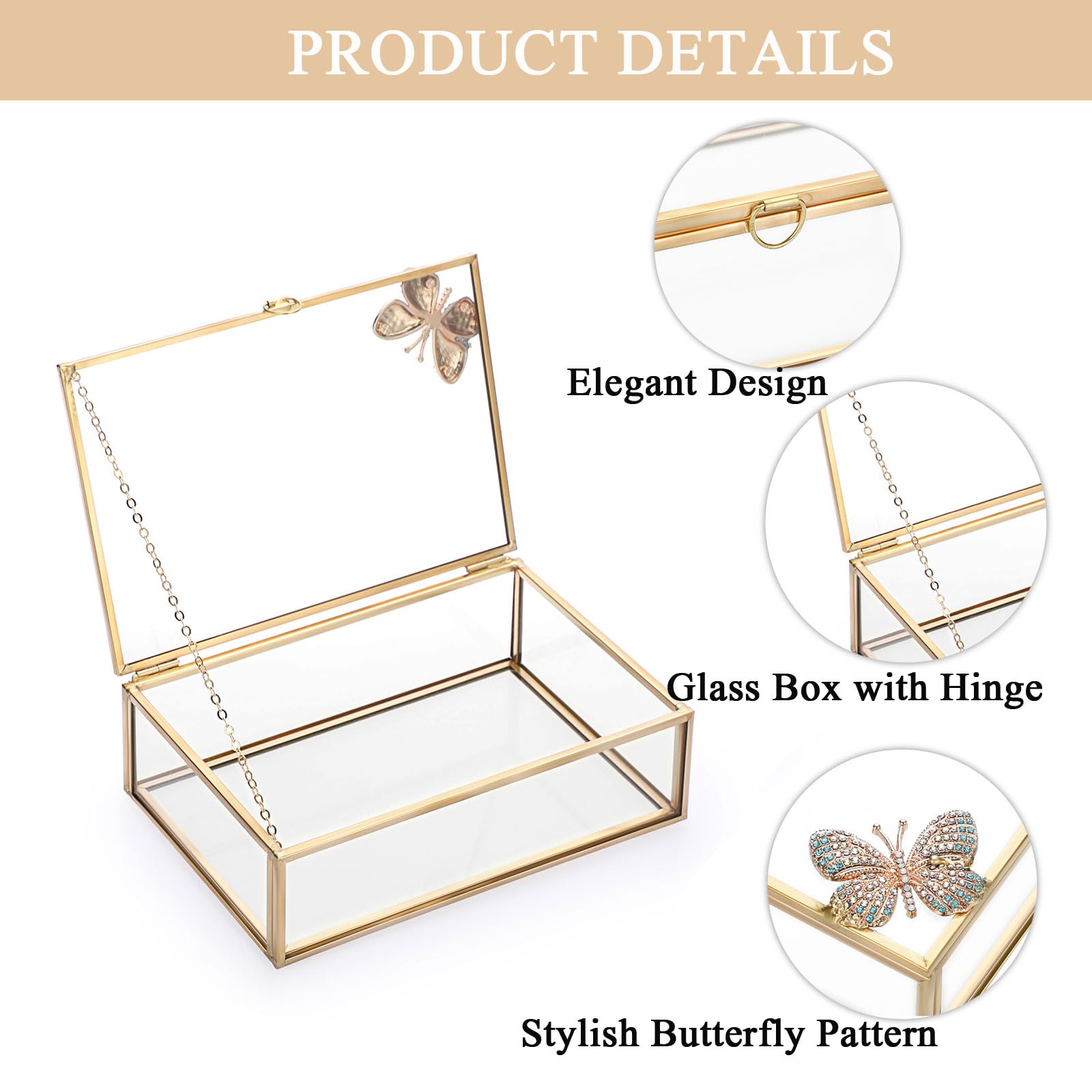 Hipiwe Vintage Glass Photo Box Rectangle Butterfly Jewelry Display Box Card Storage Organizer Vanity Lidded Trinket Box Home Decor Accent Decorative Keepsake Box (5 * 7 inch)