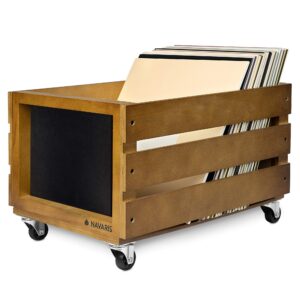 navaris wood record crate with wheels - vinyl album storage holder box wooden case with chalkboard sign board - holds up to 80 lp records - brown