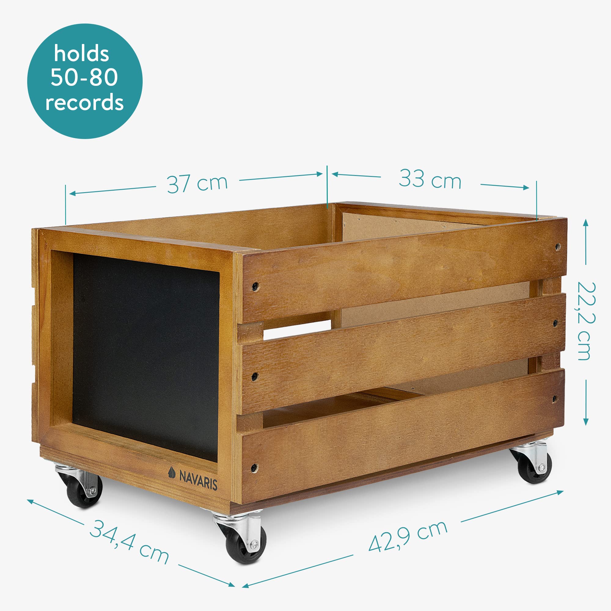 Navaris Wood Record Crate with Wheels - Vinyl Album Storage Holder Box Wooden Case with Chalkboard Sign Board - Holds up to 80 LP Records - Brown