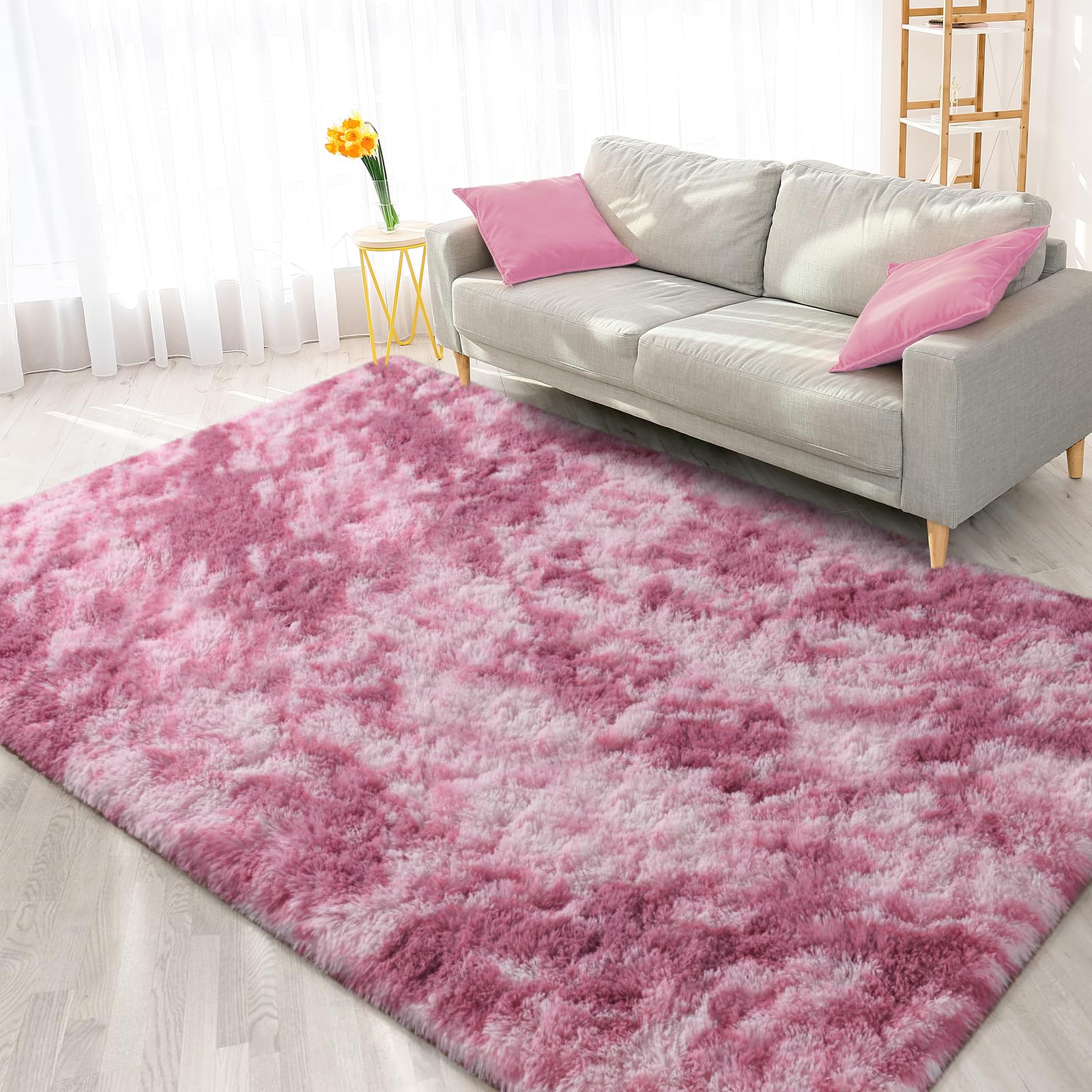 FlyDOIT Large Area Rugs for Living Room, 5x8 Feet Tie-Dyed Blush Shaggy Rug Fluffy Throw Carpets, Ultra Soft Plush Modern Indoor Fuzzy Rugs for Bedroom Girls Kids Nursery Room Dorm Home Decor