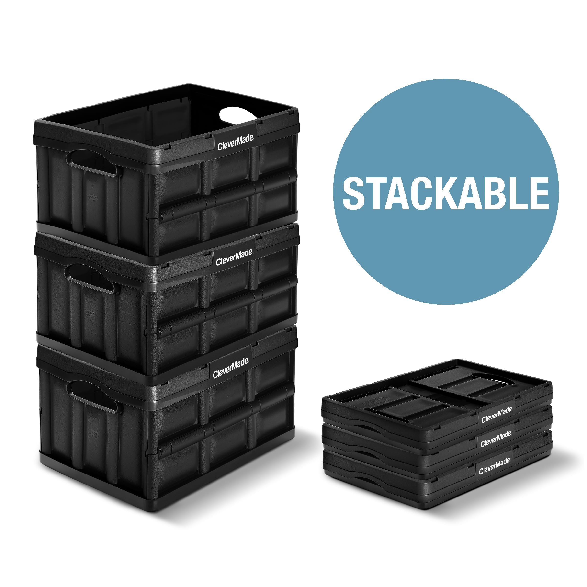 CleverMade Collapsible Storage Bin, Charcoal, 3PK - 32L (8 Gal) Stackable Storage Containers, Holds 66lbs Per Bin - Plastic Storage Bins for Organizing, Closet Storage, Garage Storage