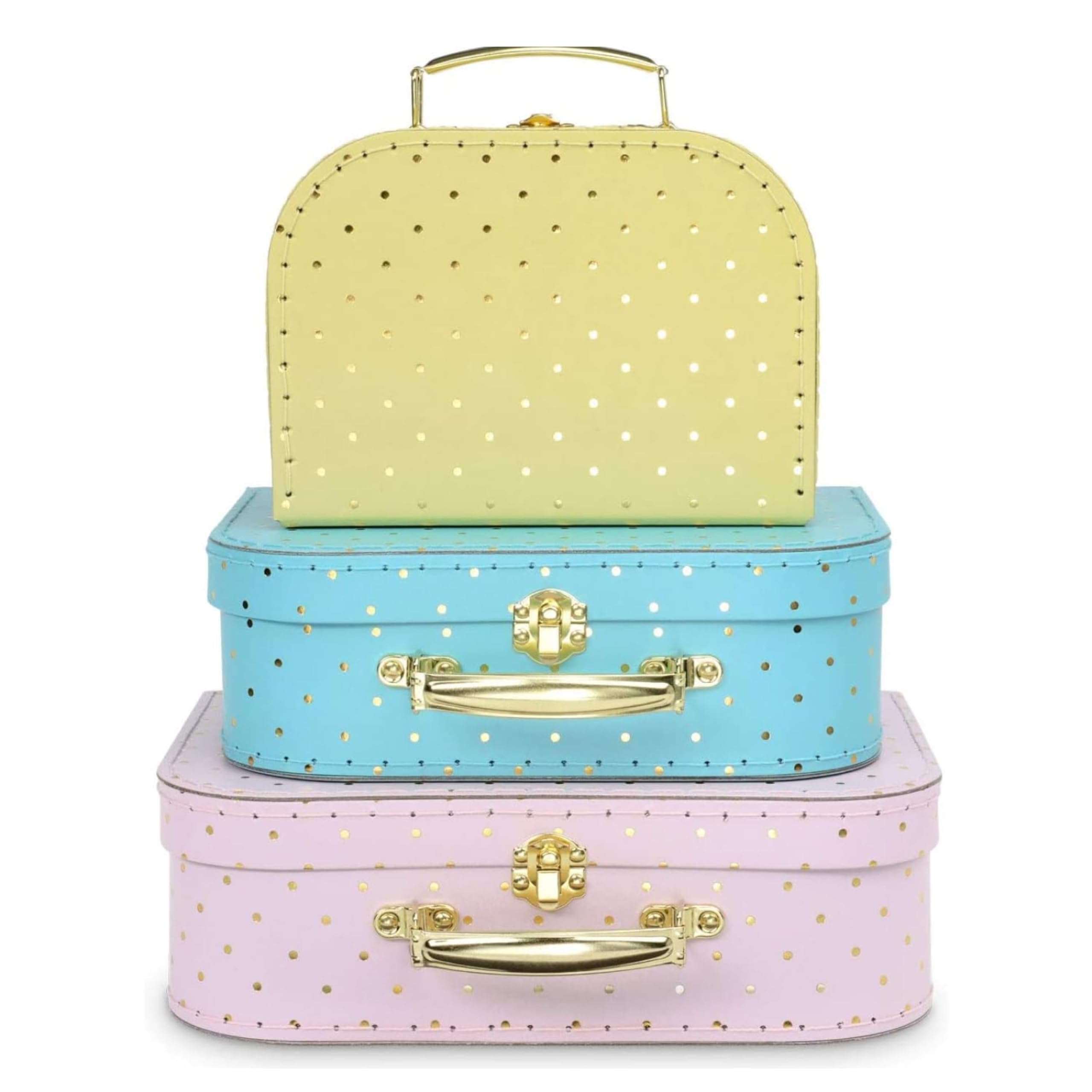 Jewelkeeper Paperboard Suitcases, Set of 3 Vintage Decorative Storage Box, Luggage Decor Storage, Vintage Decor for Birthday, Weddings, Pink, Blue, Yellow with Gold Polka Dots