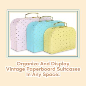 Jewelkeeper Paperboard Suitcases, Set of 3 Vintage Decorative Storage Box, Luggage Decor Storage, Vintage Decor for Birthday, Weddings, Pink, Blue, Yellow with Gold Polka Dots