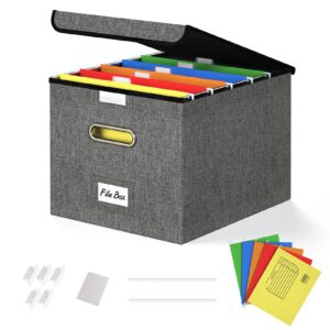 Forlogic File Organizer Box with Lid, Collapsible Linen File Box for Letter/Legal Folder, Filing Box, File Folder Organizer with Hanging Folders for File Storage in Office/Home