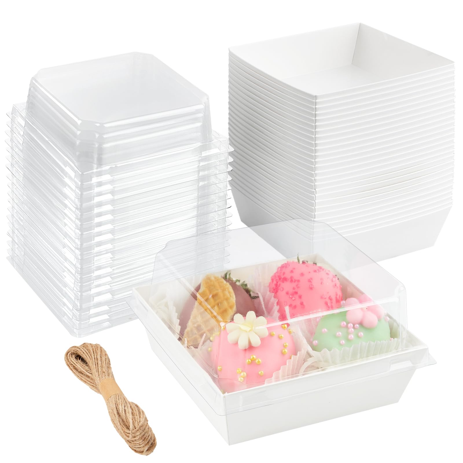 ZORRITA 50 Pack Paper Charcuterie Boxes with Clear Lids, 4 Inches Disposable Sandwich Boxes Square To Go Food Containers for Desserts, Strawberries, Cake Slice and Cookies (White)