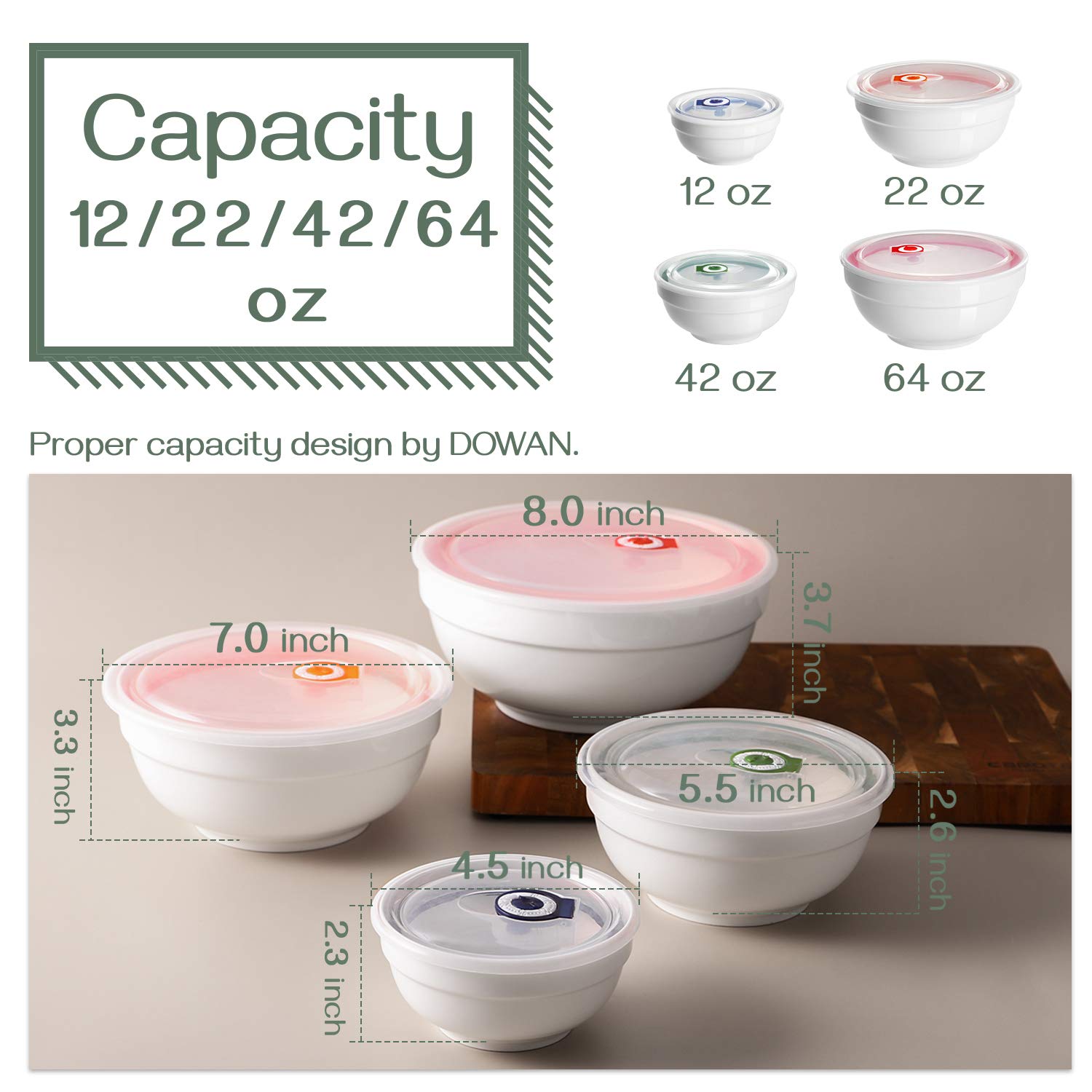 DOWAN Ceramic Bowl Set with Lids, Serving Bowls with Lids, Food Storage Container, Porcelain Prep Bowl, Small Mixing Bowls for Kitchen, Microwave & Dishwasher Safe, 64/42/22/12 Ounces, Set of 4