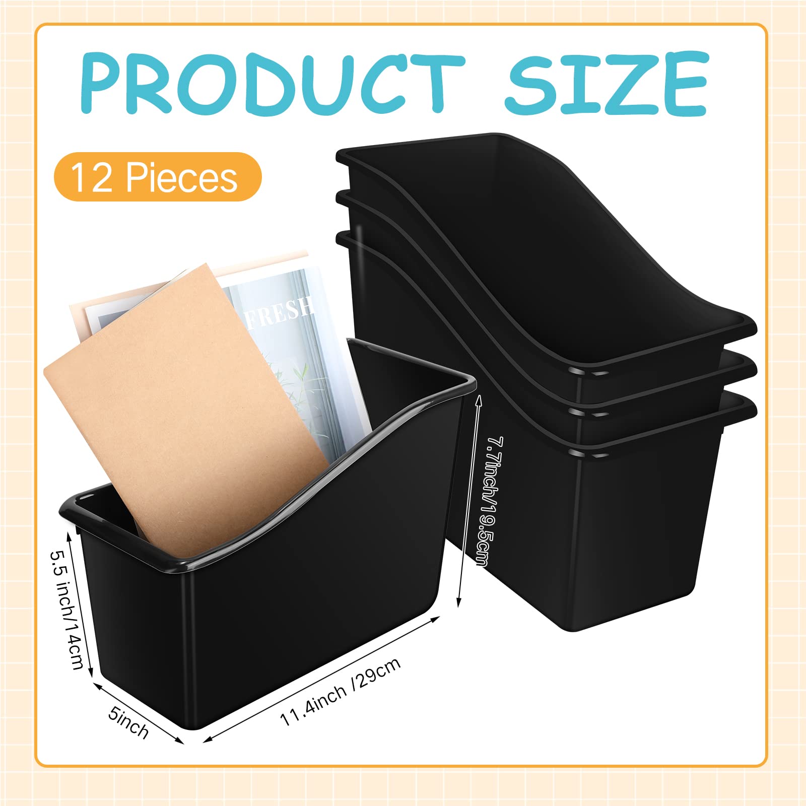 Fuutreo 12 Pieces Book Bins for Classroom Plastic Binder Holder Magazine Stuff Folder File Organizer Box for Home Office School Supplies (Black)