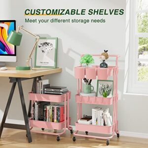 3-Tier Rolling Mobile Utility Cart with Hanging Cups & Hooks & Handle Multifunctional Organizer Storage Trolley Service Cart with Wheels Easy Assembly for Office, Bathroom, Kitchen(Pink)