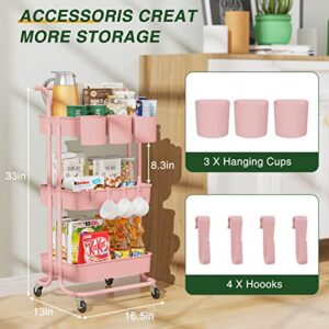 3-Tier Rolling Mobile Utility Cart with Hanging Cups & Hooks & Handle Multifunctional Organizer Storage Trolley Service Cart with Wheels Easy Assembly for Office, Bathroom, Kitchen(Pink)