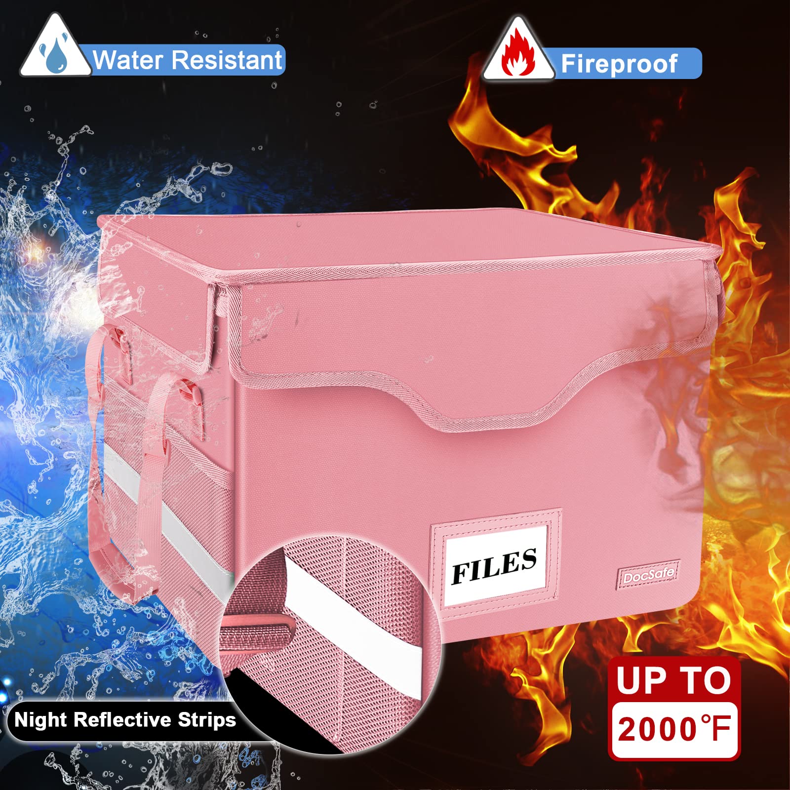 DocSafe File Box Fireproof Document Box with Lock,File Storage Organizer Box with Insert Pockets,Collapsible Portable File Box Home Office File Cabinet with Handle for Hanging Letter/Legal Folder,Pink