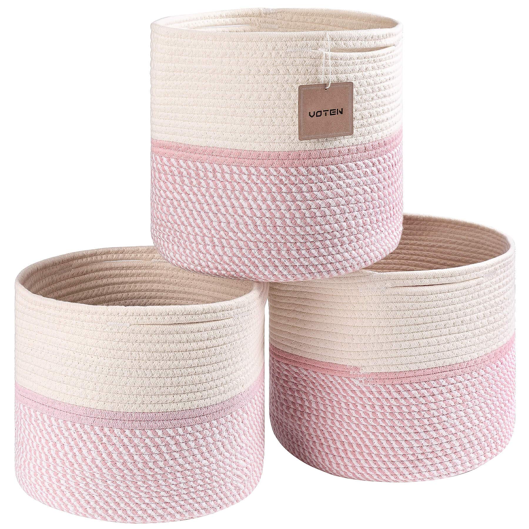 voten Cube Storage Baksets Bins 11x11’’ Fit 12x12’’ Organizer Bookcases Shelving,Stylish&Durable Woven Cotton Basket Containers for Organizing 3-Pack Off White/Mixed Pink