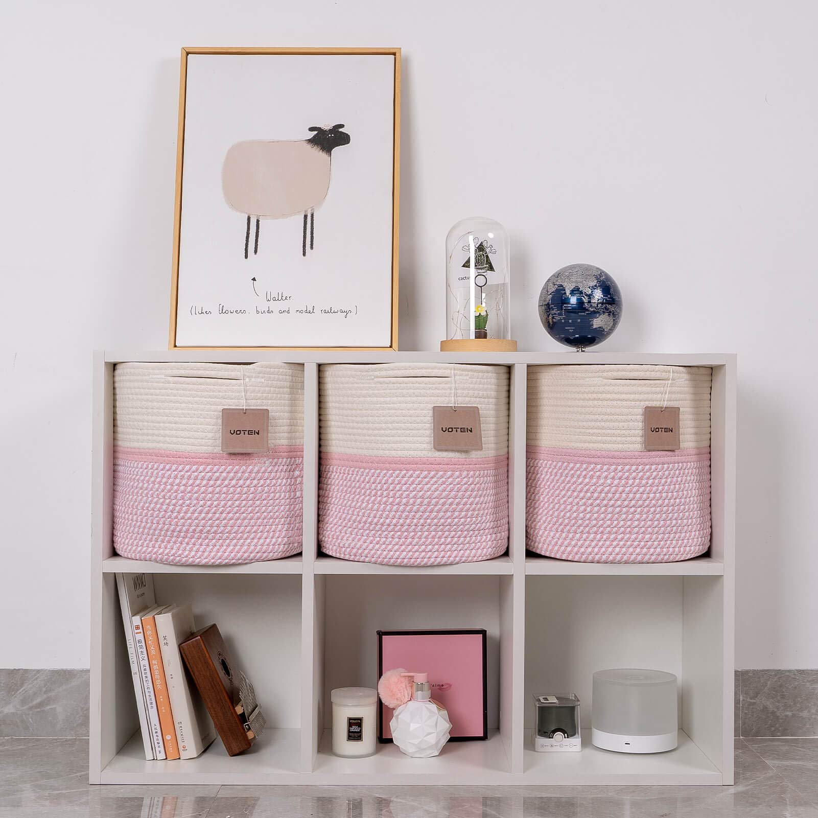 voten Cube Storage Baksets Bins 11x11’’ Fit 12x12’’ Organizer Bookcases Shelving,Stylish&Durable Woven Cotton Basket Containers for Organizing 3-Pack Off White/Mixed Pink