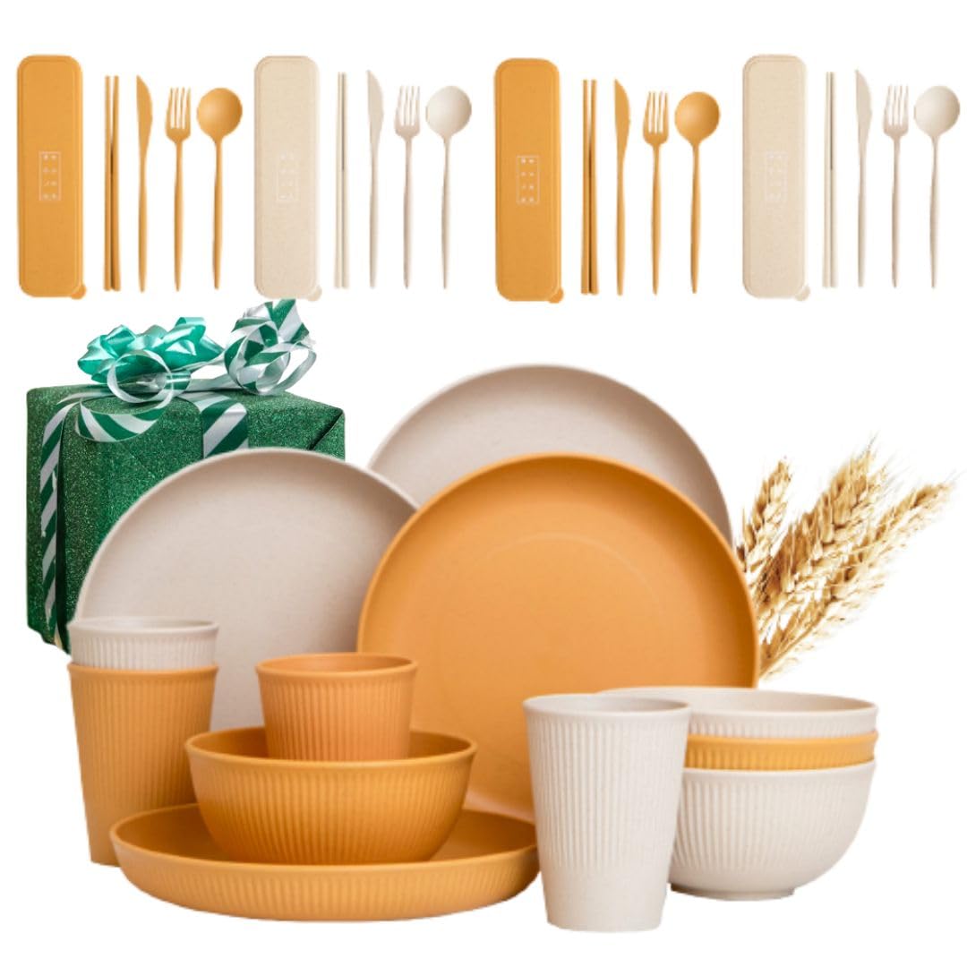 Wheat Straw Dinnerware Sets - Yellow Dinnerware Set w/Wheat Straw Plates, Bowls & Utensils – Safe for Microwave & Dishwasher, Set of 4