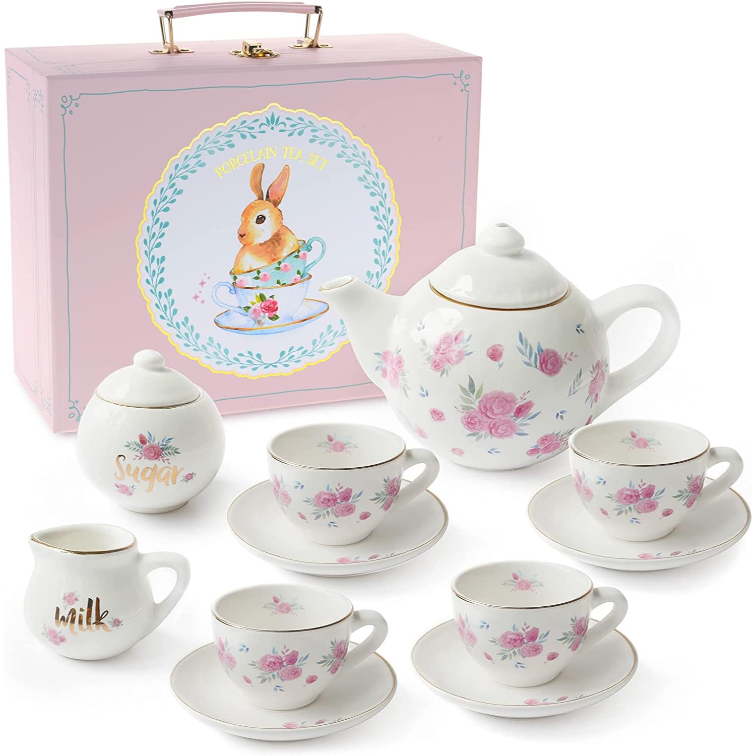 Jewelkeeper Tea Set for Little Girls - 13 pcs. Porcelain Tea set for kids Tea Time includes Teapot, 4 Tea Cup and saucers, creamer and sugar bowl. Floral design with Pink Roses tea party set