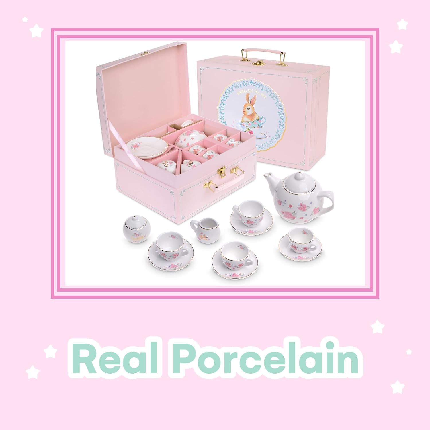 Jewelkeeper Tea Set for Little Girls - 13 pcs. Porcelain Tea set for kids Tea Time includes Teapot, 4 Tea Cup and saucers, creamer and sugar bowl. Floral design with Pink Roses tea party set