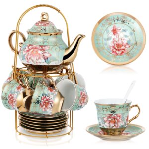 zhehao 20 pcs porcelain tea set with metal holder adult ceramic tea party set european flower tea cup saucer set for adult women girls with flower painting, large version (fresh style)