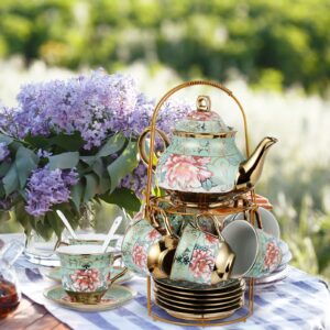 Zhehao 20 Pcs Porcelain Tea Set with Metal Holder Adult Ceramic Tea Party Set European Flower Tea Cup Saucer Set for Adult Women Girls with Flower Painting, Large Version (Fresh Style)