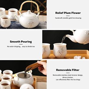 Dujust Japanese White Porcelain Tea Set with 1 Teapot Set, 6 Tea Cups, 1 Tea Tray, 1 Stainless Infuser, Cute Asian Tea Set for Tea Lover/Women/Men (Plum in Golden)