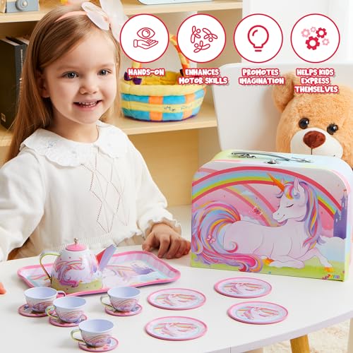 JOYIN Unicorn Tea Set for Toddlers Tea Party Set for Children Kids Pretend Role Play Tin Teapot Set with Cups, Plates and Carrying Case Kitchen Toy for Little Girls Birthday Gifts Age 3 4 5 6