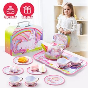 JOYIN Unicorn Tea Set for Toddlers Tea Party Set for Children Kids Pretend Role Play Tin Teapot Set with Cups, Plates and Carrying Case Kitchen Toy for Little Girls Birthday Gifts Age 3 4 5 6